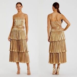 Mac Duggal 27062 Womens 6 Gold Ruffle Tier Tea-Length Metallic Party‎ Dress NWT